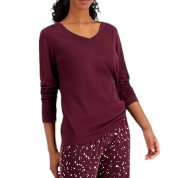 Charter Club Intimates Macy's Cotton Pajama V-Neck Long Sleeve Top Burgundy XS - Picture 2 of 5